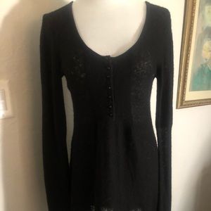 Free People black long sleeve wool top with red bead buttons